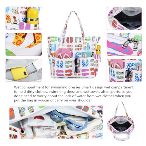 Waterproof Beach Tote Pool Bags for Women Ladies Extra Large Gym Tote Carry On Bag With Wet Compartment for Weekender Travel (Slipper)