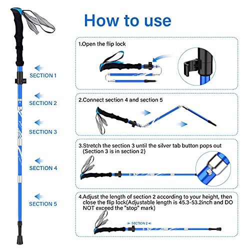 Lightweight Collapsible Trekking Poles Folding Hiking Sticks (Blue 115-135cm)