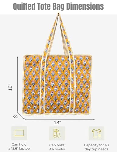 100% Cotton Quilted Tote Bag For Women (Gamboge Cherry Block Print)