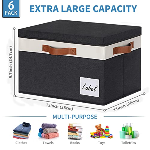 Fabric Storage Bins with Lids 6 Pack (Large-6 Pack / Black with White)