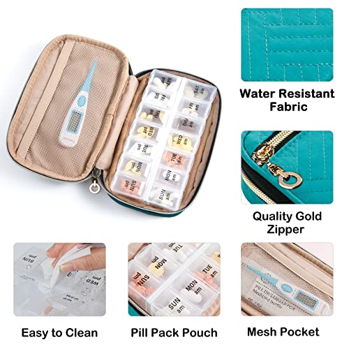 Travel Pill Organizer 2 Times a Day with Cute Fabric Pill Case (Teal / Large)