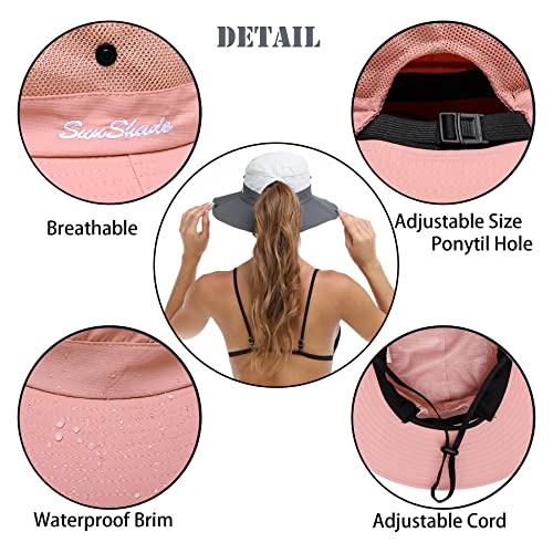 Womens Summer Sun Hat Beach Hat Wide Brim Outdoor UV Protection Hat Foldable Cool Mesh Ponytail Bucket Hat (6-7 / Pure Pink)