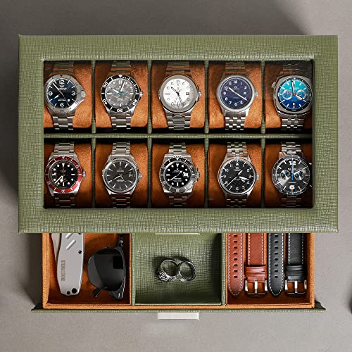 10 Slot Watch Box in Leather with Valet Drawer (Green/Tan)