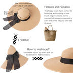 Women Wide Brim Bow Straw Hat Floppy Foldable Beach Sun Hat Roll up Cap UPF 50+ (Khaki (Black Band) /Normal Edge)