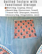 100% Cotton Quilted Tote Bag For Women (Peach Pearl Leaf Print)