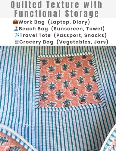 100% Cotton Quilted Tote Bag For Women (Peach Pearl Leaf Print)