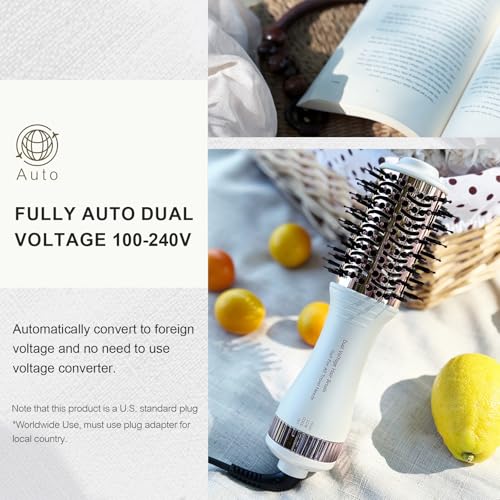 4-in-1 Travel Dual Voltage Hair Dryer Brush 110-240V Blow Dryer Brush (50mm Oval / White & Rose Gold)