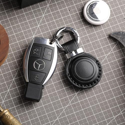 Genuine Leather Keychain Holder Compatible with AirTag (Black)