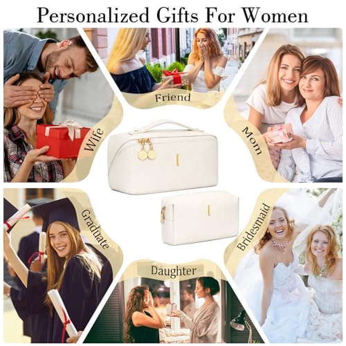 Initial Makeup Bag Personalized Gift for Women Teen Girls (Beige / I)