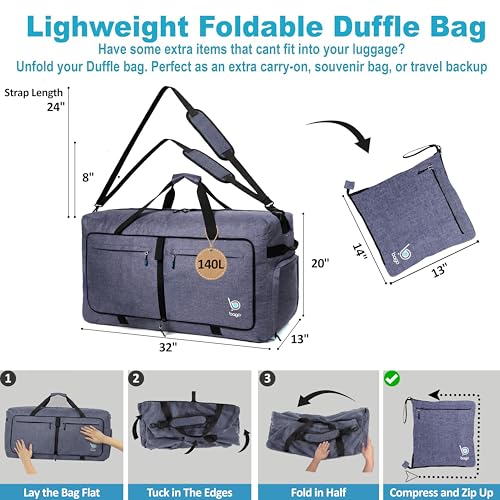 Travel Duffle Bag for Women & Men. Extra Large Foldable Duffel Bags (140L / SnowBlack)