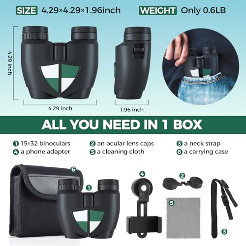 15x32 Compact Binoculars for Adults High Power with Phone Adapter