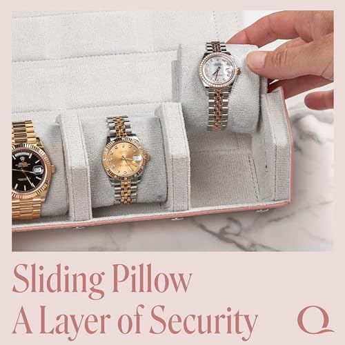 Ladies Leather Watch Roll Travel Case for 3 Watches (3 - Woven Pink / Gray)