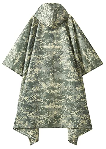 Hooded Rain Poncho for Adult with Pocket (Green Digi Camo 1/4 Zipper)