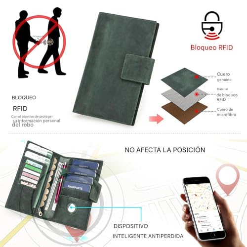 Full Grain Leather RFID Blocking Family Passport Holder for 4 Passport Wallet Compatible with Airtag Travel Passport Cover with 4 Passport Slot (Dark Green)