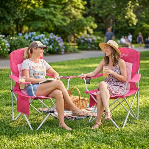 Oversized Padded Camping Chair 2 Pack 350 LBS Capacity Heavy Duty Quad Chair with Lumbar (Pink / Twin Pack)