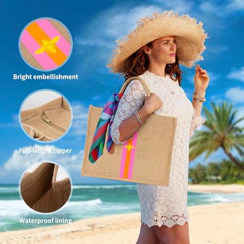 Large Beach Bag Jute Woven Pink and Orange. Pool and beach bags for women (Pink and Orange)