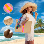 Large Beach Bag Jute Woven Pink and Orange. Pool and beach bags for women (Pink and Orange)