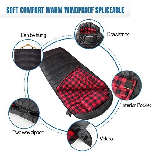 0 Degree Sleeping Bag Cotton Flannel Winter Cold Weather for Adults XXL Sleeping Bag 4 Season Big and Tall with Pillow Compression Sack (Black_L)