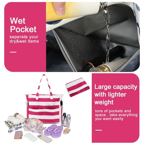 Waterproof Beach Tote Pool Bags for Women Ladies Extra Large Carry On Bag With Wet Compartment for Weekender Travel (Rose-pink Stripes)