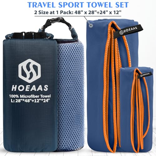 2 Pack Microfiber Camping Towels (Navy Blue / L: 48" x 28"+24" x 12")