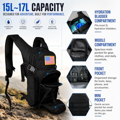Hydration Backpack with 2L Water Bladder Tactical Molle Water Backpack for Men Women Hydration Pack for Hiking (Black)