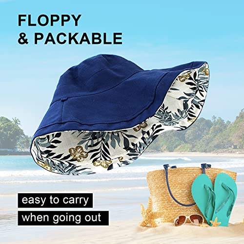 Women Floral Reversible Wide Brim Sun Hats Wired Edge Summer UPF Hat for Beach Hiking Garden Travel Lawn Work Chin Strap (Medium / Qf002-navy)