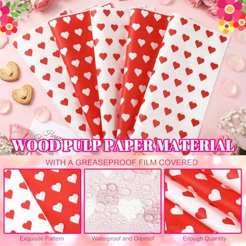 100 Pcs Valentine's Day Wax Paper Sheets for Food Wrapping (Red, White / Classic)