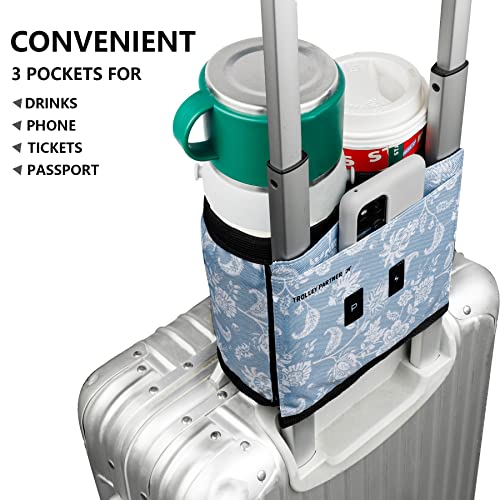 Luggage Travel Cup Holder Free Hand Drink Carrier (Hook & Loop: Blue Floral)