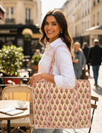 100% Cotton Quilted Tote Bag For Women (Clam Up Blossom Pink Block Print)