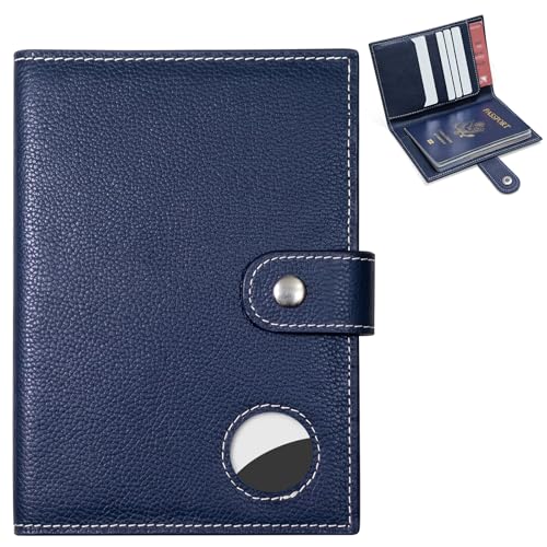 Genuine Leather Slim Passport Holder with RFID &Tracker Slot (Blue)