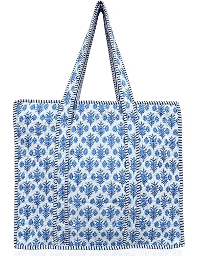 100% Cotton Quilted Tote Bag For Women (Jordy Blue Floral Print)