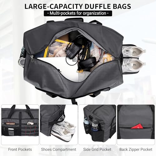Foldable Duffle Bag for Men Large 65L Travel with Shoe Compartment (Silvery Grey)