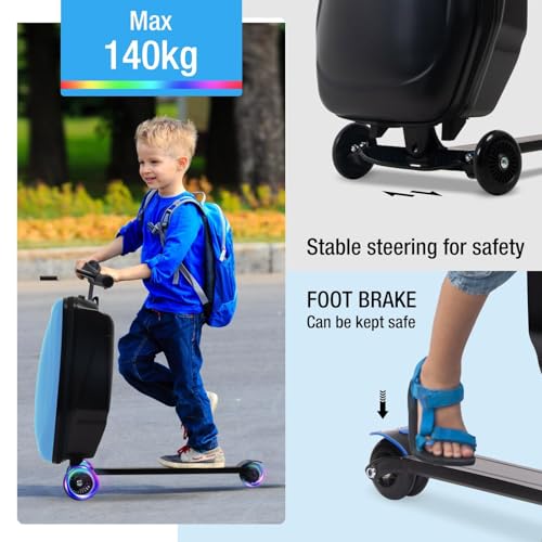 2-in-1 Ride-On Scooter Suitcase for Kids & Adults, 20” Foldable Hardshell Carry-On Luggage for Travel, Lightweight Kids Scooter Bag with Wheels (Blue With LED)