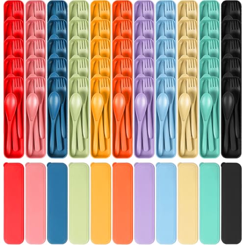 Reusable Travel Utensils Set with Case (55 Sets - Red, Pink, Dark Blue, Nordic Green, Yellow, Orange, Purple, Nordic Blue, Nordic Beige, Dark Green, Black)