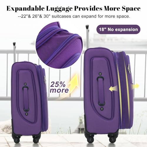4 Piece Expandable Luggage Set (Softside Luggage(22/26/30) / Purple+18IN)
