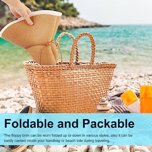 Women Twine Wide Brim Straw Hats Big Floppy Summer Hat Foldable Roll up Cap Beach Sun Hat UPF 50+ (Straw Hat: Khaki 5.9" Brim, 1 Pack)