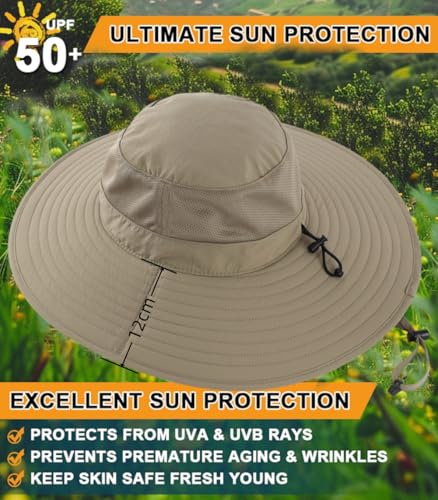 UPF50+ Mens Sun Hat Wide Brim Fishing Hat Foldable Large Brim UV Protection Sun Hat for Men Women Beach Gardening (One Size / Khaki)