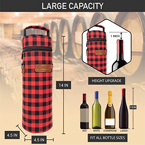 Single Bottle Wine Bag Carrier (Buffalo Plaid Red)