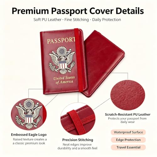 Premium Passport Holder for Travel RFID Blocking Passport Cover Slim (Red / Classic Metal Stamp)