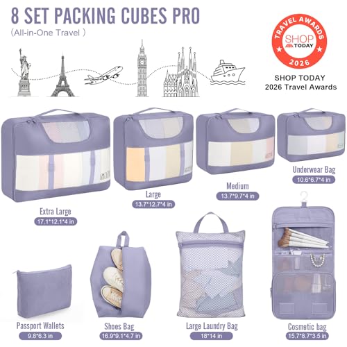 8 Set Packing Cubes for Travel Essentials (14 Early Purple Gray)