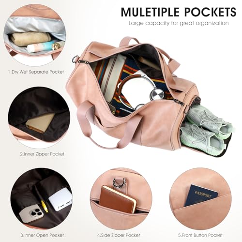 3PCS Faux Leather Weekender Bag for Women Men Travel Bag Overnight Bags (Pink)