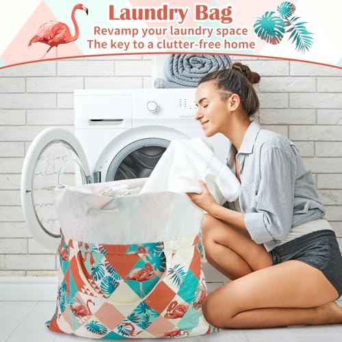 Canvas Laundry Bag with Handles & Drawstring 30"Wx35"H (Pink Flamingo L+ / L+ 30"Wx 35"H┃1 Pack)