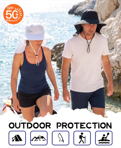 Outdoor UPF50+ Sun Hat Wide Brim Mesh Fishing Hat with Neck Flap (Large-X-Large / Black)