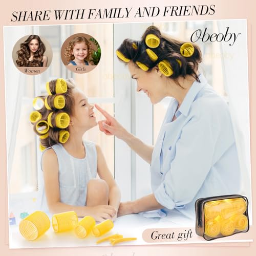 4 Sizes Hair Rollers Curlers Set with Clips for Women Girls (Yellow)