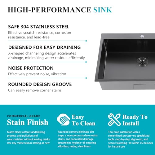 28x18 inch Stainless Steel Black Drop In Kitchen Sink (Black / 28x18)