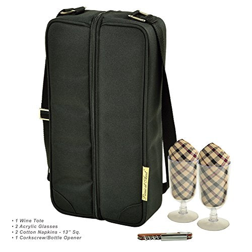Insulated Wine Tote with 2 Wine Glasses (Black With London Plaid Napkins)