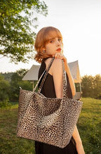 Large Tote Bag Vegan Leather 16L Casual Zipper Work Weekender (Leopard B)