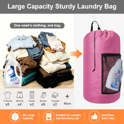 Laundry Backpack Portable Travel Laundry Bags with Straps and Mesh Pocket (Pink / 1 Pack)