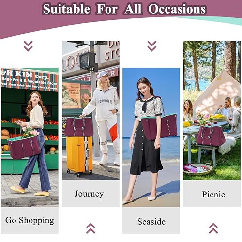 Neoprene Multipurpose Beach Bag Tote Bag (Wine Red and Mint / X-Large)