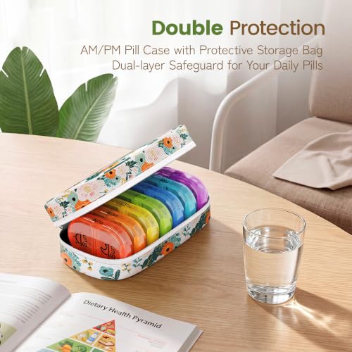 Weekly Travel Pill Organizer 2 Times a Day AM PM Rainbow Pill Box (A Canvas Bloom 01 / 1 Set Canvas Case)